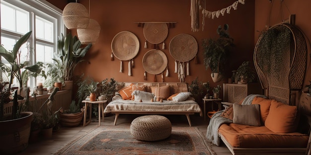 AI Gegenereerde AI Generatieve Rustieke retro vintage gezellige woonkamer Macrame planten sofa hout binnen romantische hippiestijl Grafische kunst