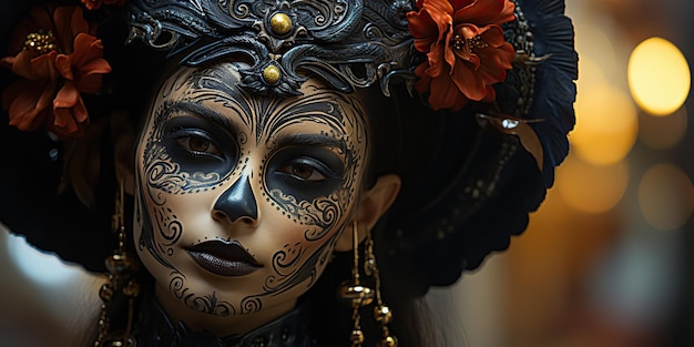 AI Gegenereerde AI Generatieve Suikerschedelvrouw make-up dag van de doden Dia de los Muertos