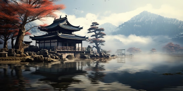 AI Gegenereerde AI Generatieve Traditionele geschiedenis Aziatisch Japans Chinees tempel gebouw toren tuin natuur buiten achtergrond Grafische kunst illustratie