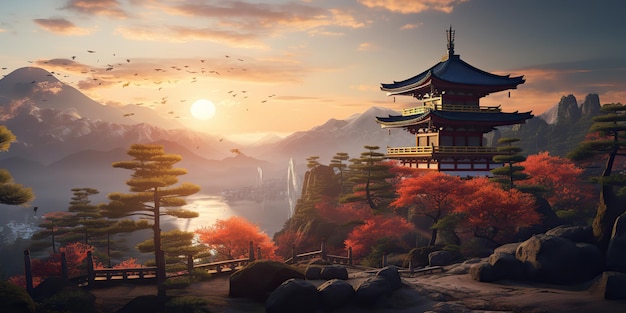 AI Gegenereerde AI Generatieve Traditionele geschiedenis Aziatisch Japans Chinees tempelgebouw toren