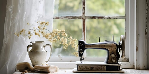 AI Gegenereerde AI Generatieve Vintage retro naaimachine op raam met decoratieve bloemen