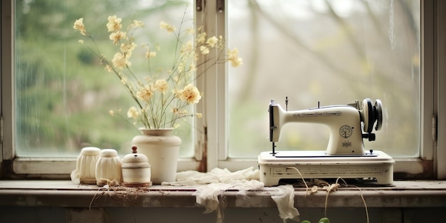 AI Gegenereerde AI Generatieve Vintage retro naaimachine op raam met decoratieve bloemen