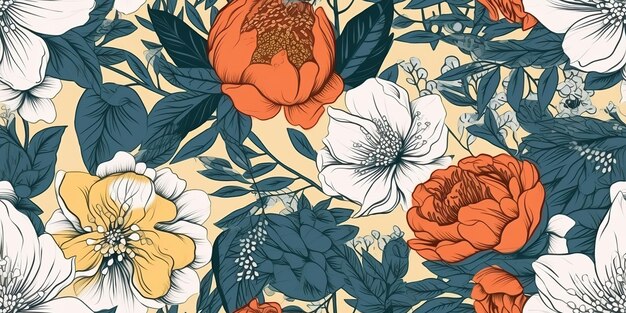 AI Gegenereerde AI Generatieve Vintahe retro hand getrokken bloemenpatroon in bohostijl Grafische Kunst