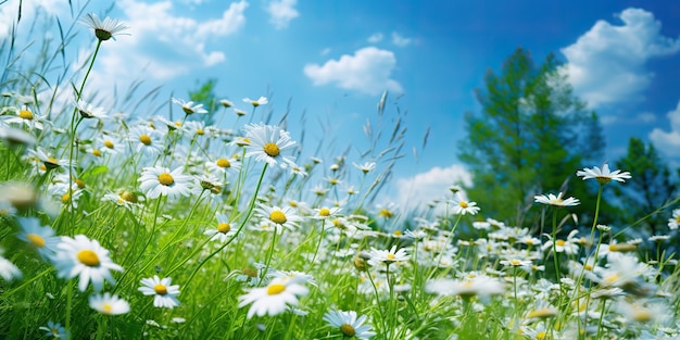 AI Gegenereerde AI Generatieve Wilde madeliefjes in het gras met een fotorealistische afbeelding van een blauwe lucht