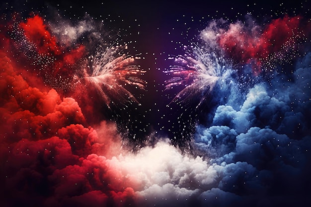 AI gegenereerde Amerikaanse vlagkleuren vormen rookexplosie van bewolkt vuurwerk op de onafhankelijkheidsdag van de VS