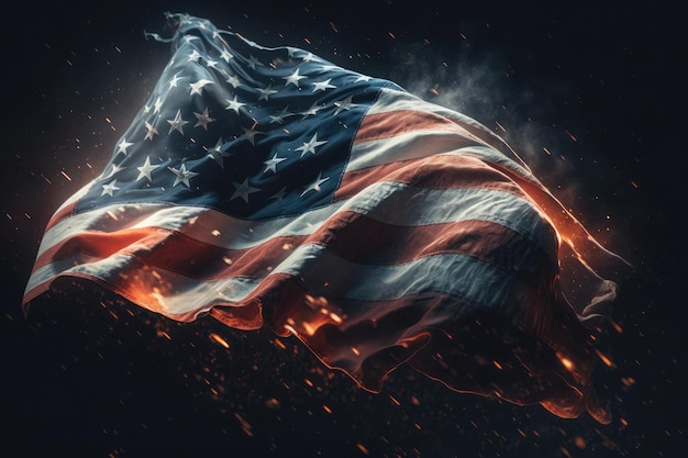 AI gegenereerde close-up van grunge vintage donkere Amerikaanse vlag waaiende wind op de onafhankelijkheidsdag van de VS