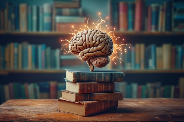 Ai gegenereerde concept stapel boeken met hersenen symboliserend onderwijs