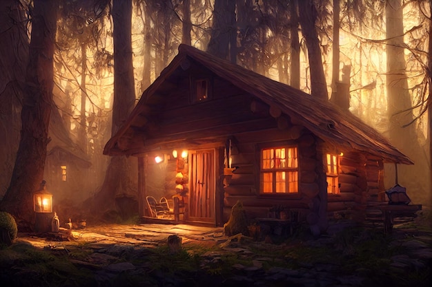 AI gegenereerde digitale kunst van een hut in het bos die warm en gezellig aanvoelt