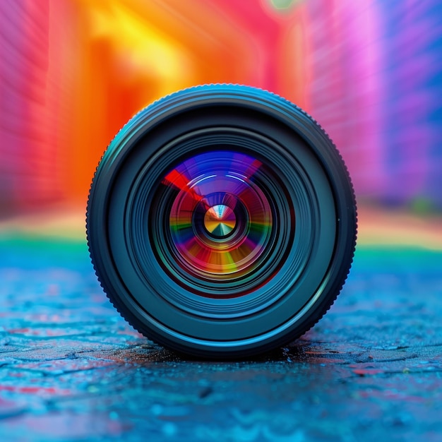 Foto ai gegenereerde foto front view van een camera lens met veel kleuren eromheen