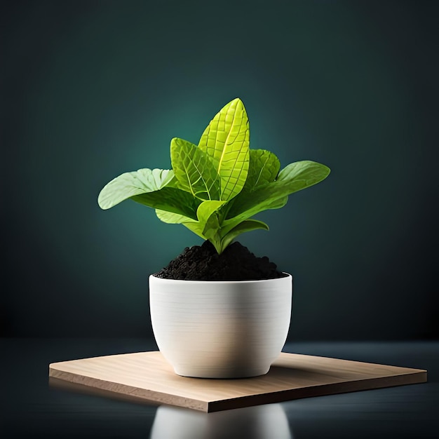 Ai gegenereerde foto-illustratie van groeiende muntplant in groene pot met leemachtige grond op tafel geplaatst