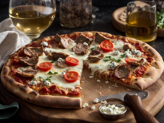 AI gegenereerde foto van een heerlijke pizza met drie vlees