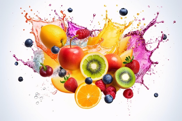 AI-gegenereerde foto van kleurrijke vruchtenspatten op een effen achtergrond met sap