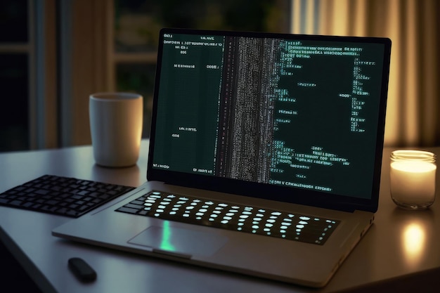 AI gegenereerde hackerlaptop met binaire computercode internet en netwerkbeveiliging