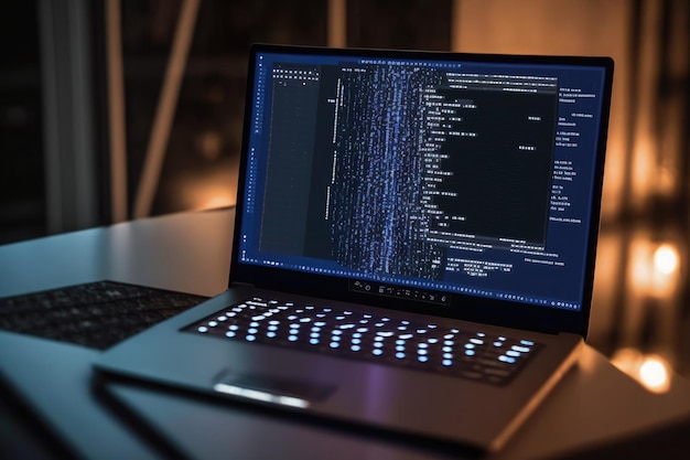 Foto ai gegenereerde hackerlaptop met binaire computercode internet en netwerkbeveiliging