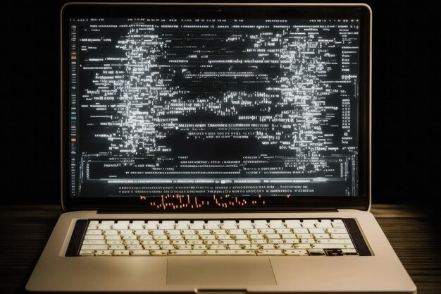 Foto ai gegenereerde hackerlaptop met binaire computercode internet en netwerkbeveiliging