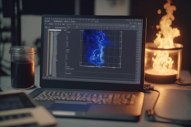 AI gegenereerde hackerlaptop met brand binaire computercode internet en netwerkbeveiliging