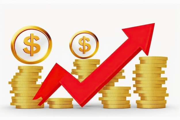Ai gegenereerde illustratie Rode pijl-omhoog en munt stapels op witte achtergrond Financieel succes groei