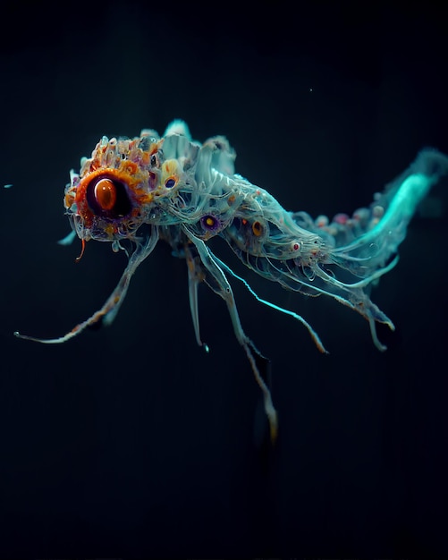 Foto ai gegenereerde illustratie van bioluminescente vissen in een diepblauwe zee