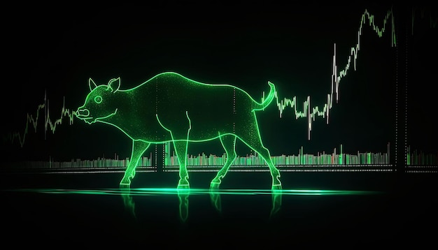 AI gegenereerde illustratie van Bull beurs gloeiende neon stier