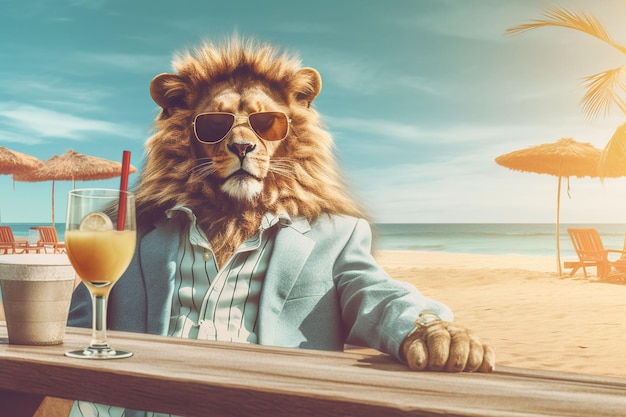 AI gegenereerde illustratie van een leeuw met een zonnebril, zittend op een strand met een cocktail