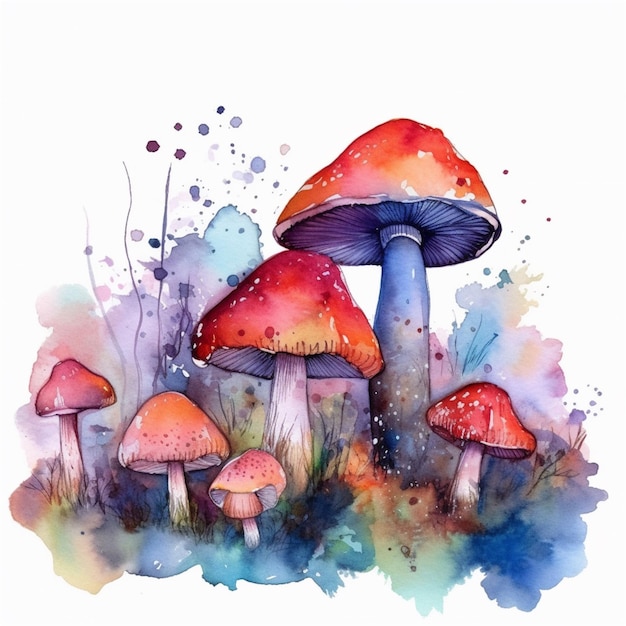 AI gegenereerde illustratie van een levendige aquarel van een cluster van kleurrijke paddenstoelen