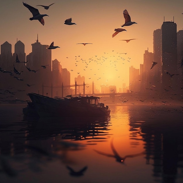 AI gegenereerde illustratie van een prachtig uitzicht op de zonsondergang van een boot die over de zee vaart