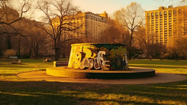 Foto ai gegenereerde illustratie van een schilderachtig stedelijk park met een levendige gele cirkelvormige fontein