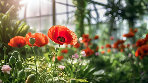 AI gegenereerde illustratie van een tuin met een verscheidenheid aan rode bloemen in bloei