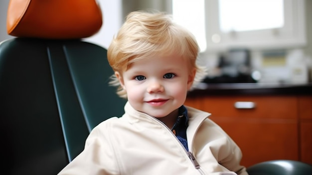 AI gegenereerde illustratie van een vrolijke kleine jongen die op de tandartsstoel zit en naar de camera kijkt