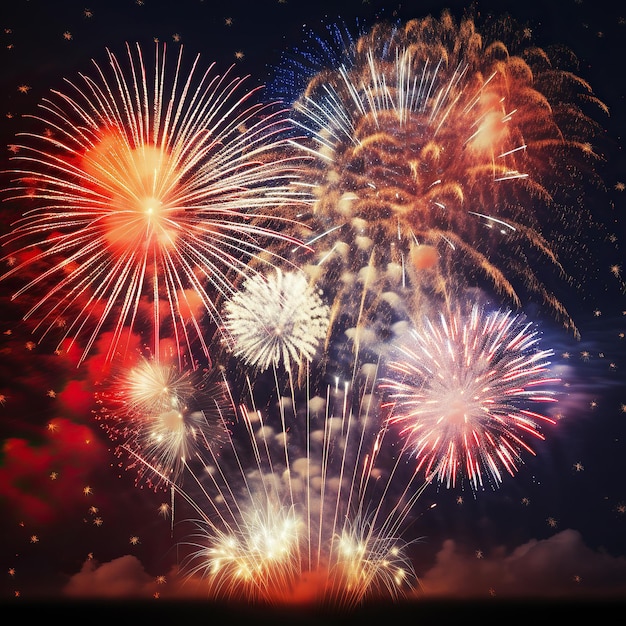 Ai gegenereerde illustratie van fel kleurrijk vuurwerk op schemering achtergrond