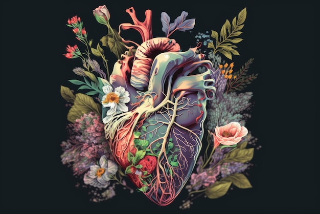 AI gegenereerde illustratie van het menselijk hart bedekt met bloemen