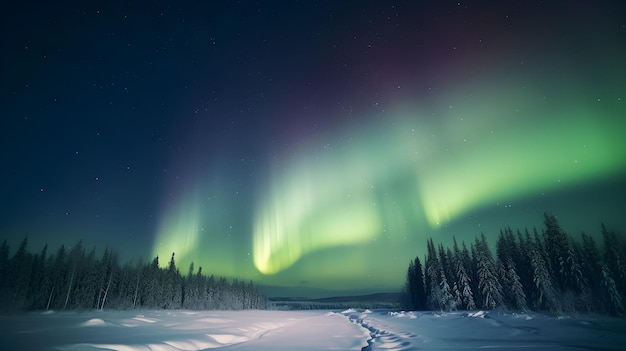 AI gegenereerde illustratie van prachtige aurora borealis lichten over een besneeuwd winterbos