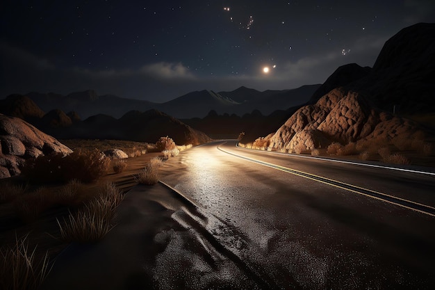 Ai gegenereerde illustratie van snelweg in bergen met eindeloos perspectief