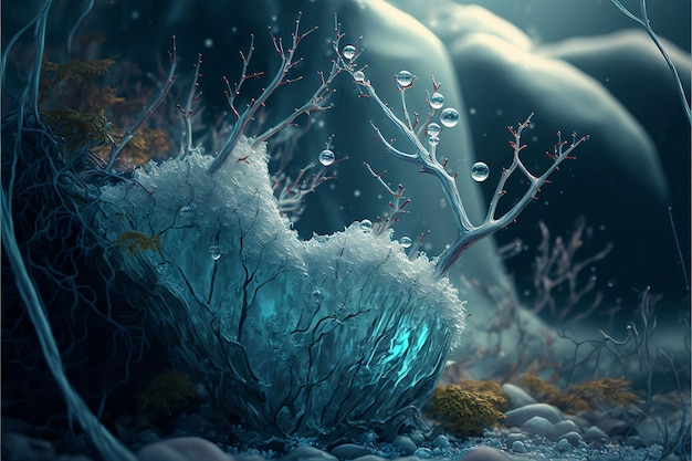 AI gegenereerde illustratie van struiken en planten bedekt met ijs