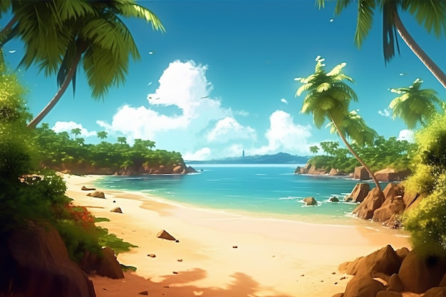 Ai gegenereerde illustratie van tropisch eiland met strand en palmbomen