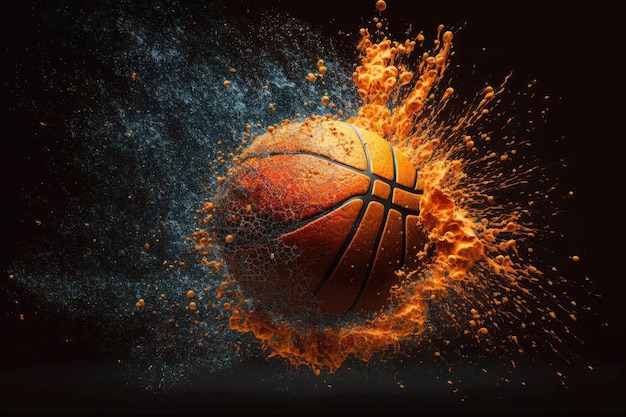 Foto ai gegenereerde vliegende brandende basketbal in brand op zwarte achtergrond