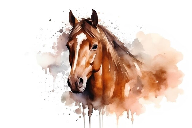AI gegenereerde waterverfportret van een paard met spatten verf op een witte achtergrond