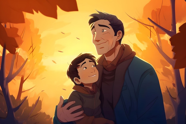 Ai Genarative cartoon illustration of boy and his father