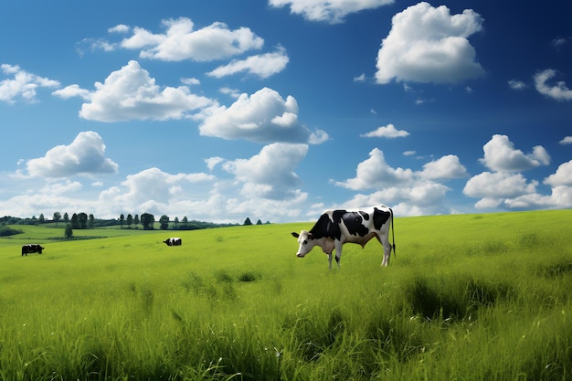 Ai genarative cow on green grass with blue sky