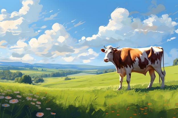 Ai genarative cow on green grass with blue sky