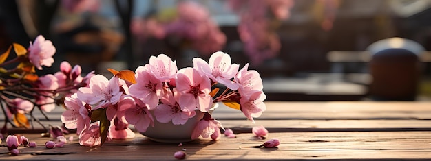 Ai genarative Empty wooden table with sakura and bokeh outdoors mockup templa