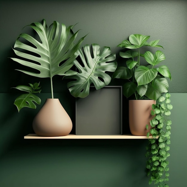 Ai は、美しい植物、3 d レンダリングで緑の棚にモックアップ フォト フレームを生成します。