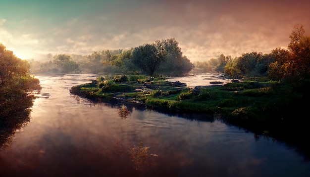 AI generate photo Of river view with a sunset time