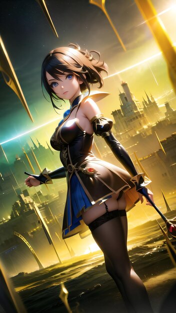 AI generated 3D anime girl warrior with dark brown hair and dark brown dress on top of a building