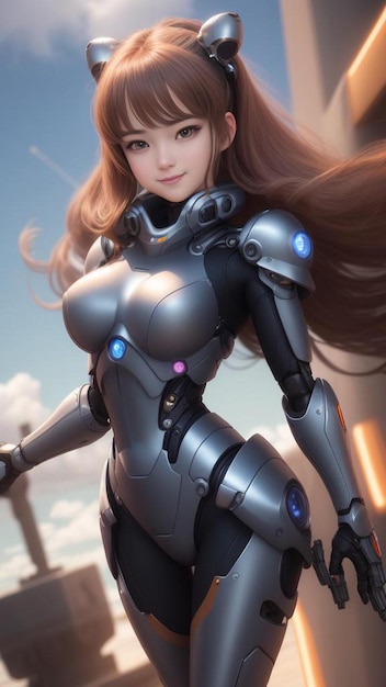 AI generated 3D cyborg anime girl with brown hair