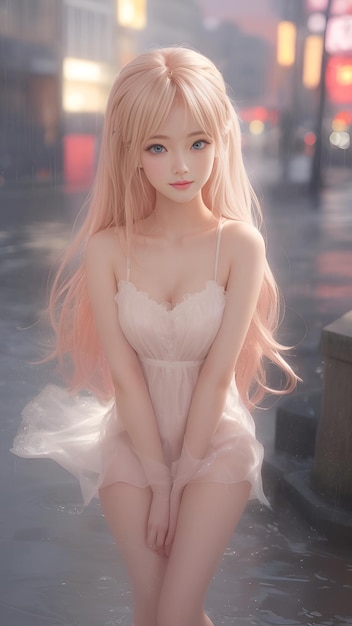 AI generated 3D elegant girl with long blonde hair and pink dress under the rain