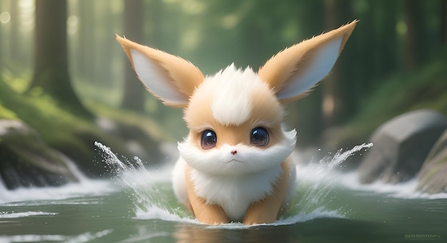 AI generated 3D realistic Eevee at a stream in a forest