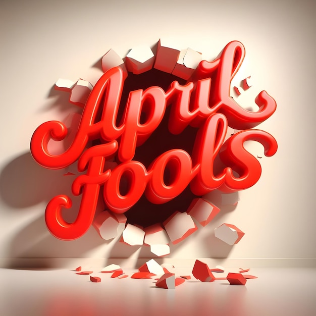 Photo ai generated 3d red cursive glossy word saying april fools popping out through a hole in a wall fr