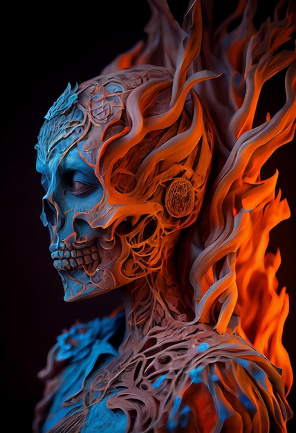 Ai generated 3d rendering of side view of scary skeleton of\
death woman with ornamental elements on face and body and burning\
fire behind back