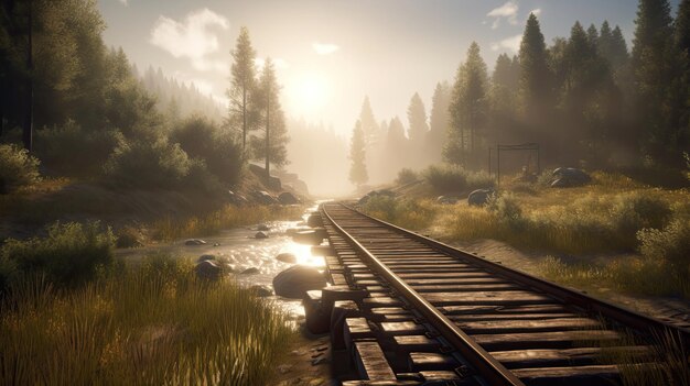 Фото Ии сгенерировал ландшафт старой железной дороги, входящей в лес на рассвете.